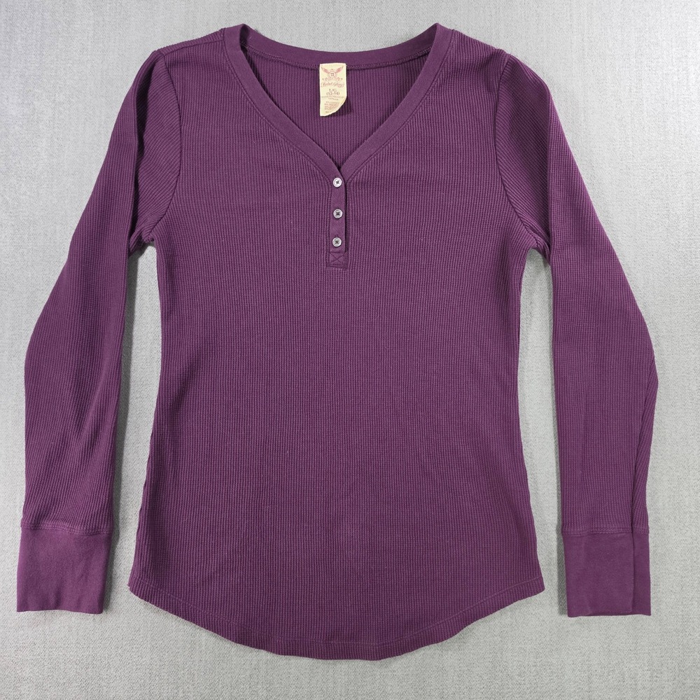 Faded Glory Henley Top Women L Purple Long Sleeve Waffle Knit Thermal FGL46081